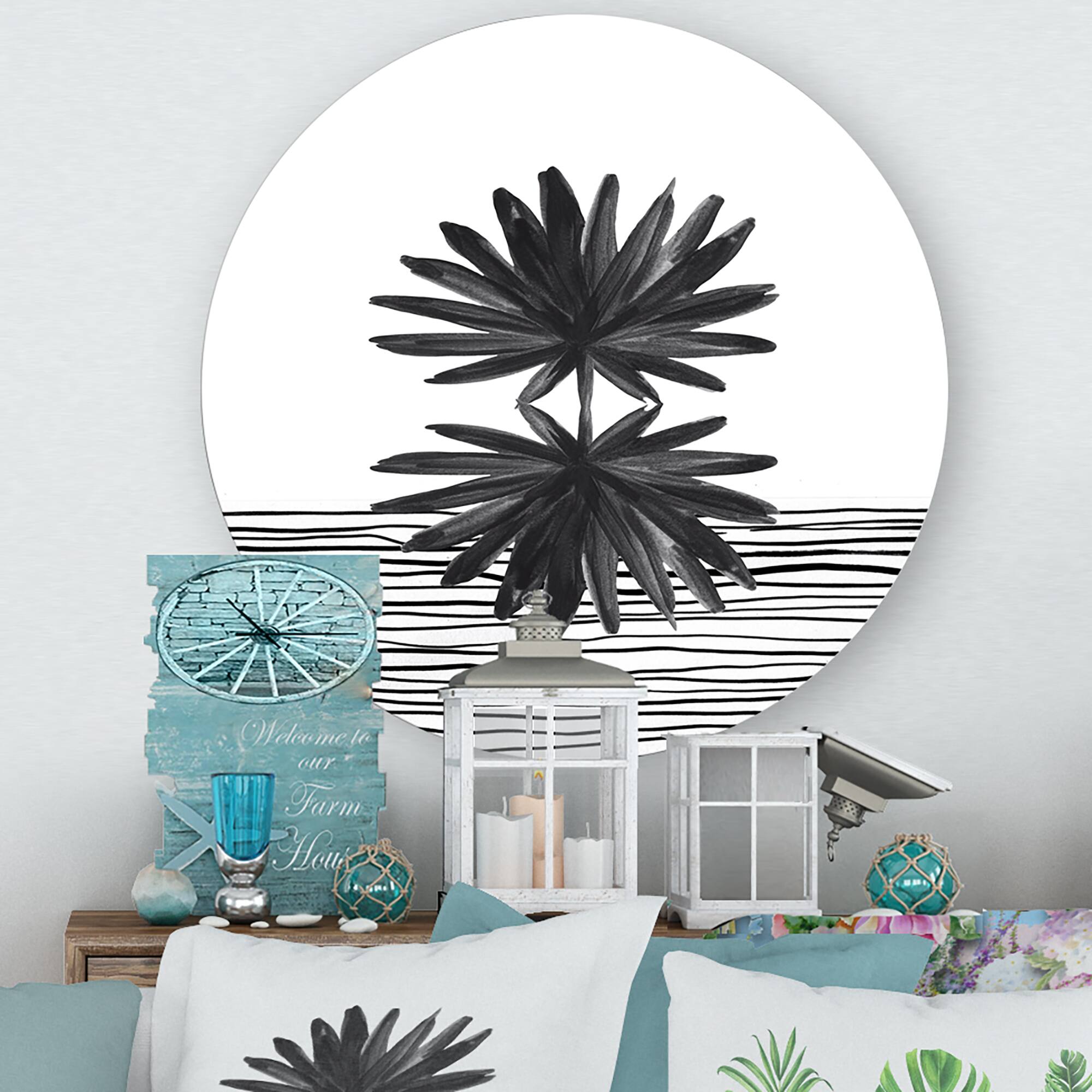 Designart - Black and White Tropical Leaf On Striped II